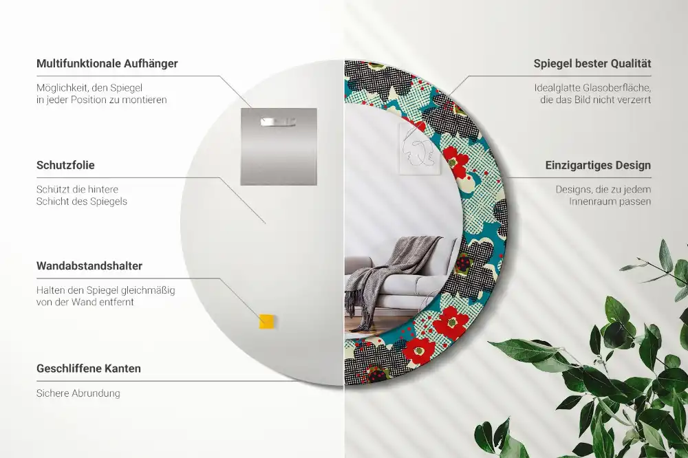 Specchio rotondo con cornice stampata Motivo floreale retrò