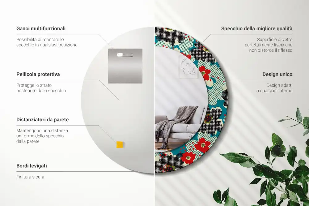 Specchio rotondo con cornice stampata Motivo floreale retrò