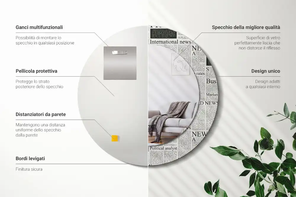 Specchio rotondo con cornice stampata Giornali