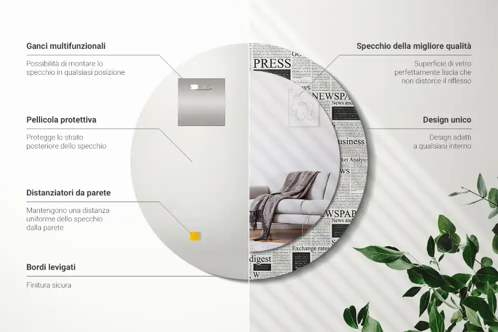 Specchio rotondo con cornice stampata Giornali