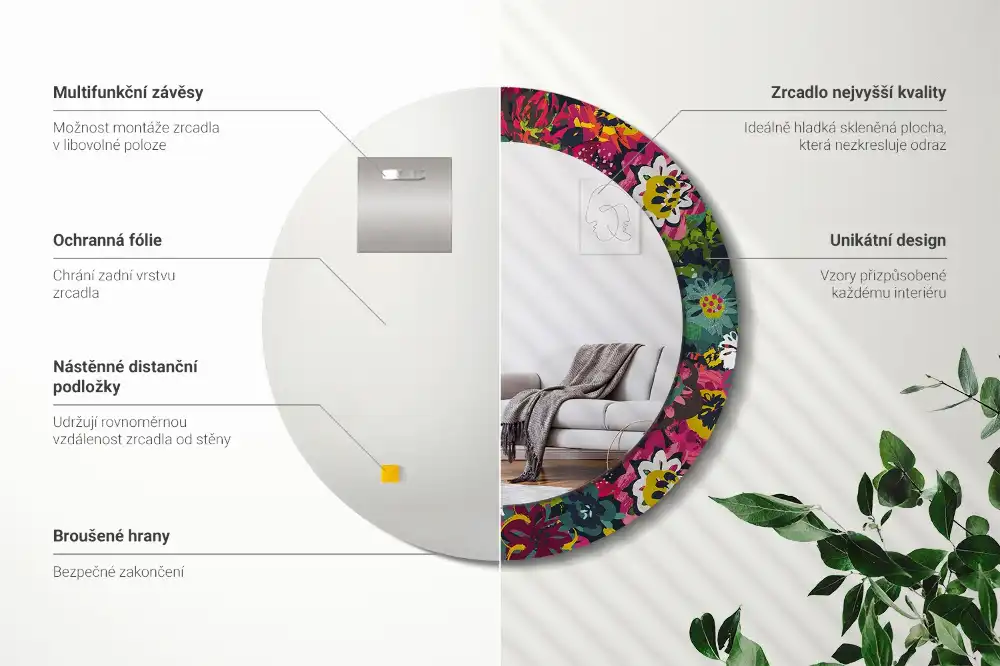 Specchio rotondo con cornice stampata Fiori dipinti