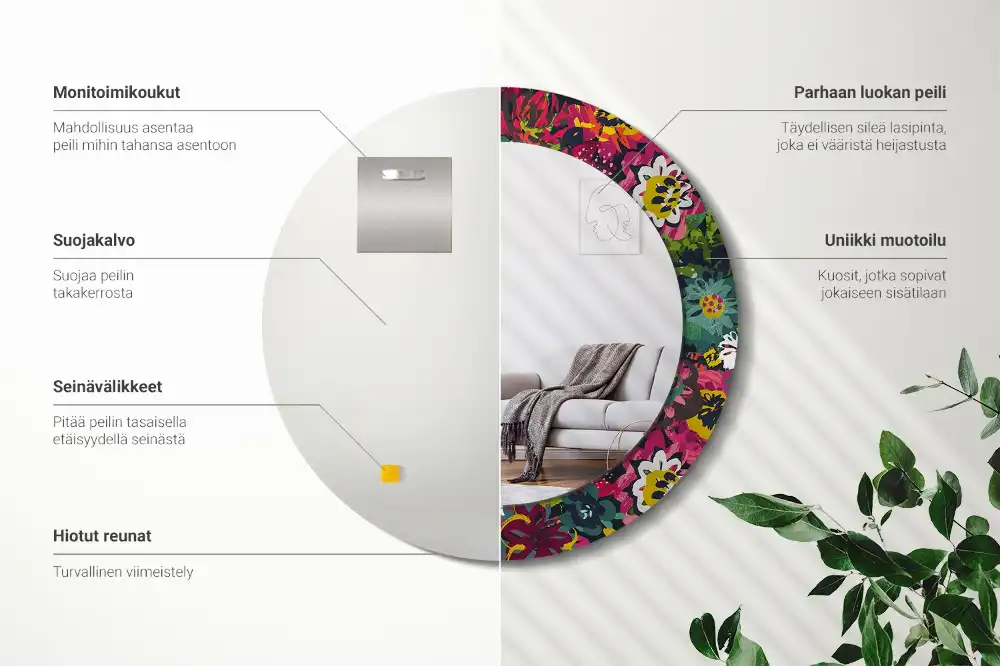 Specchio rotondo con cornice stampata Fiori dipinti