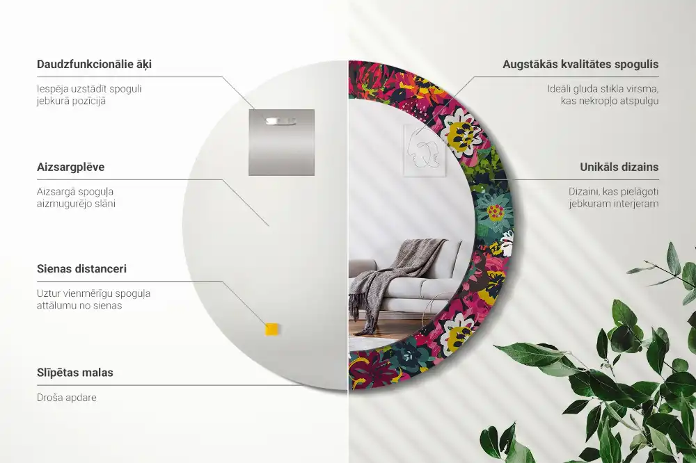 Specchio rotondo con cornice stampata Fiori dipinti