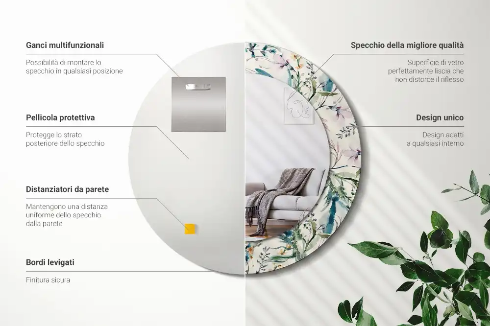 Specchio circolare decoro Fiori ad acquerello