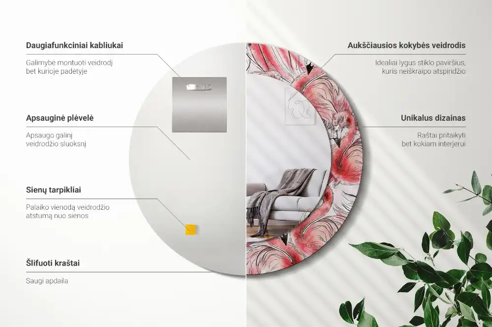 Specchio circolare stampato fenicotteri