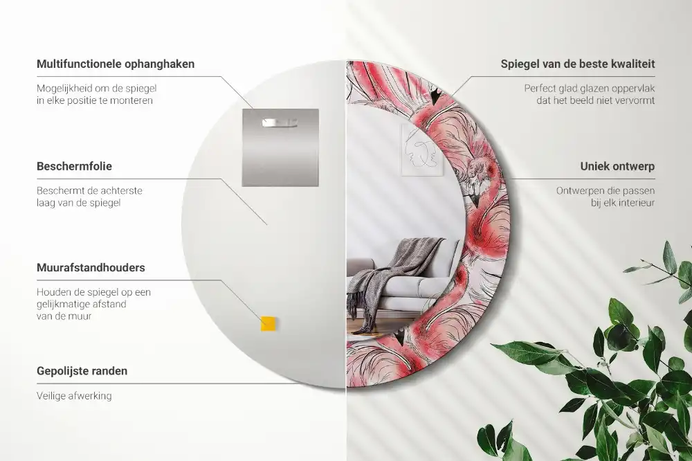 Specchio circolare stampato fenicotteri