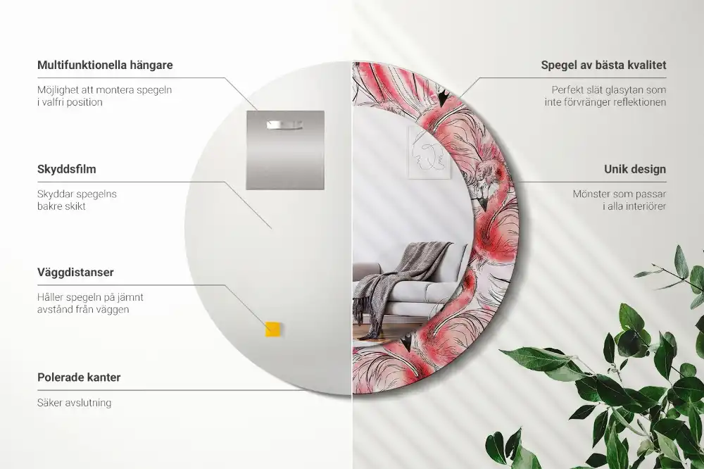 Specchio circolare stampato fenicotteri