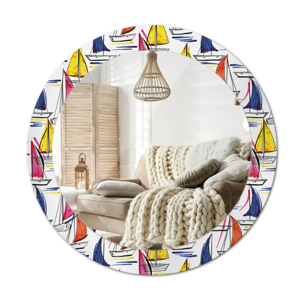 Specchio rotondo con cornice stampata Barche colorate