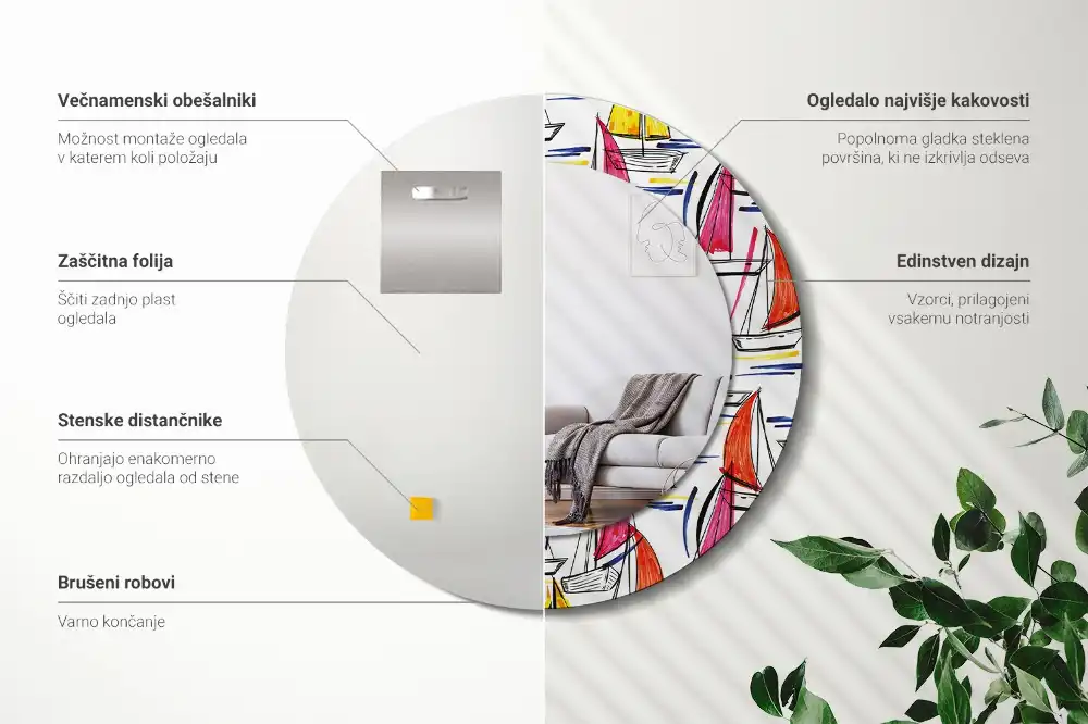 Specchio rotondo con cornice stampata Barche colorate