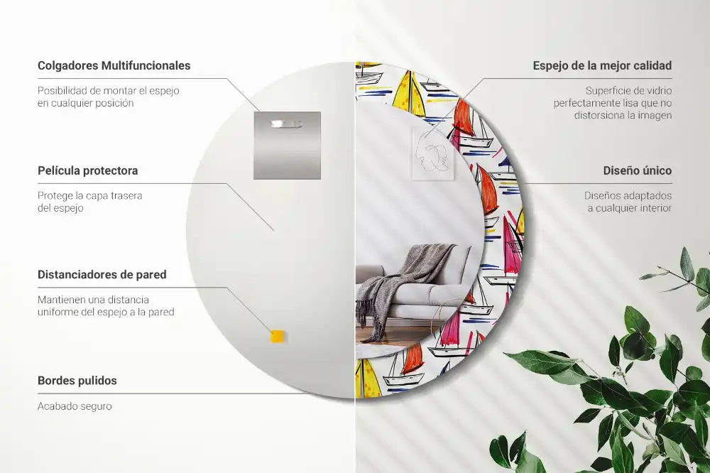 Specchio rotondo con cornice stampata Barche colorate