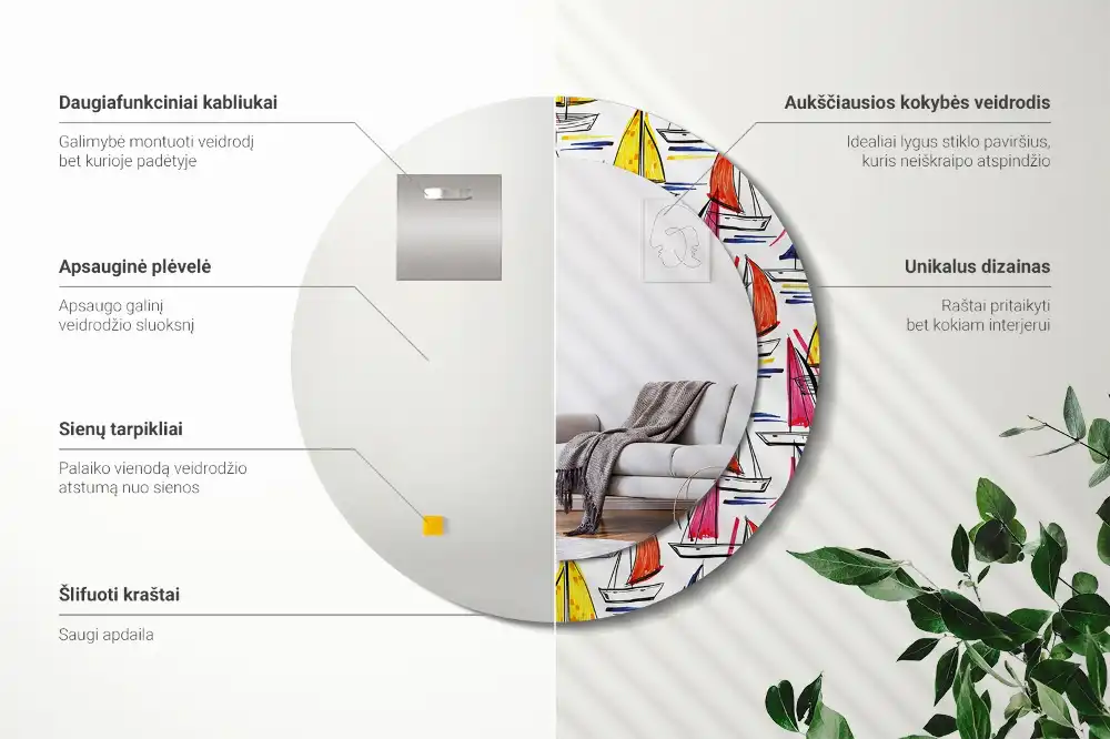 Specchio rotondo con cornice stampata Barche colorate