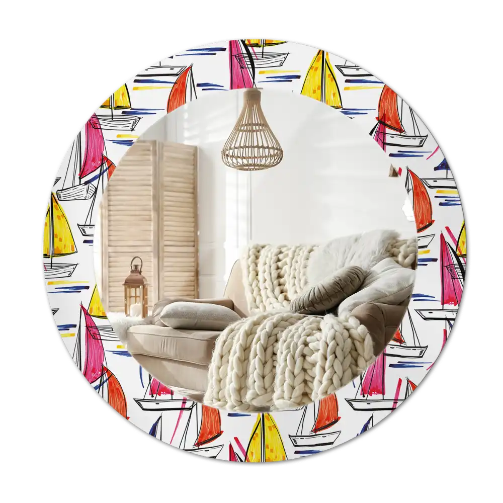 Specchio rotondo con cornice stampata Barche colorate
