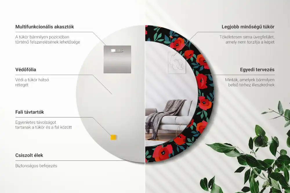 Specchio rotondo con cornice stampata Papavero rosso