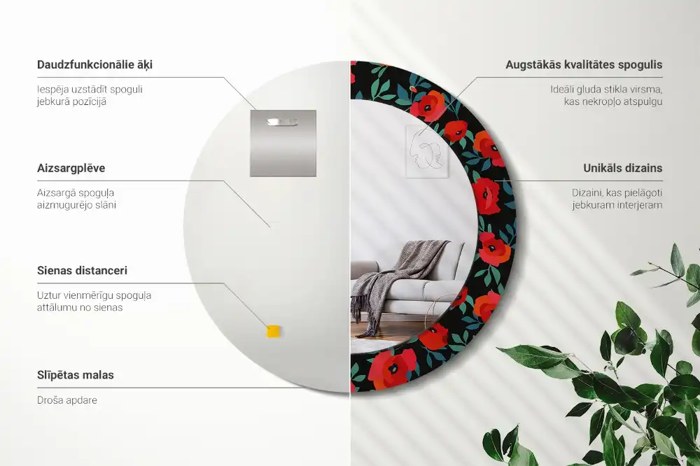 Specchio rotondo con cornice stampata Papavero rosso