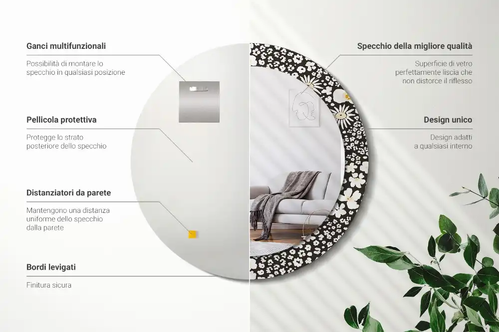 Specchio rotondo con cornice stampata Margherite