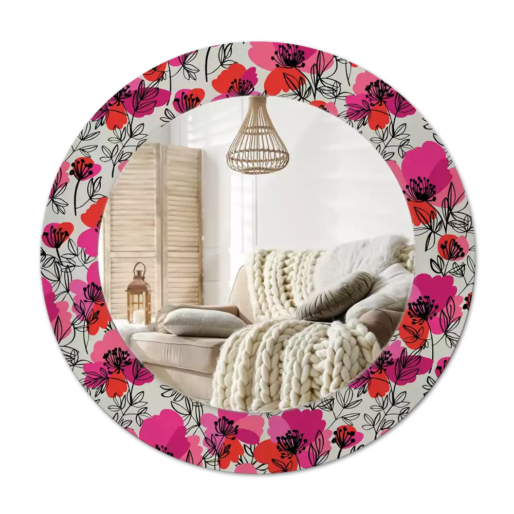 Specchio rotondo con cornice stampata papaveri rosa