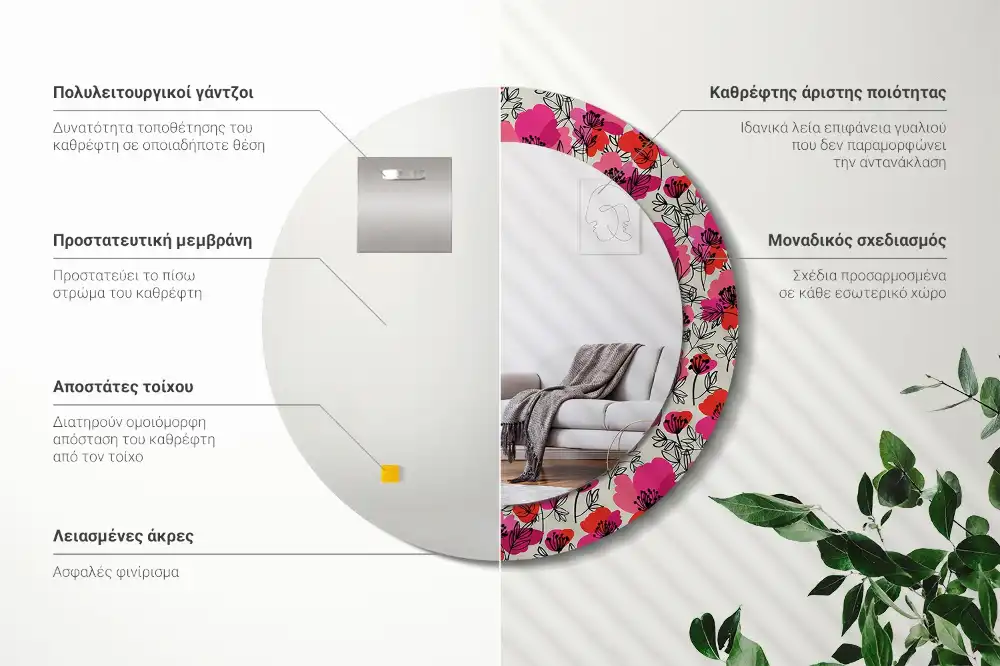 Specchio rotondo con cornice stampata papaveri rosa