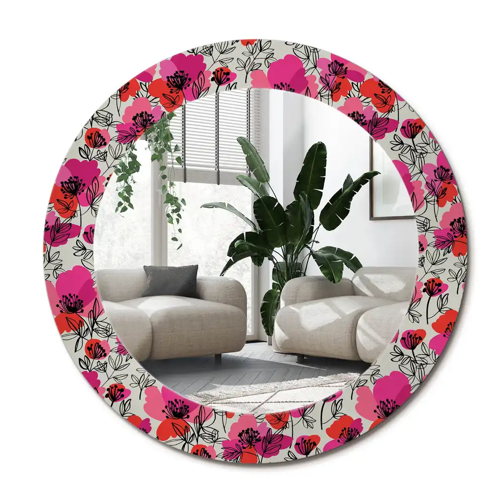 Specchio rotondo con cornice stampata papaveri rosa