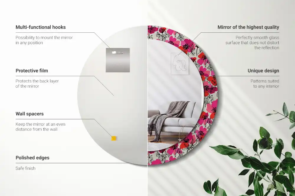 Specchio rotondo con cornice stampata papaveri rosa