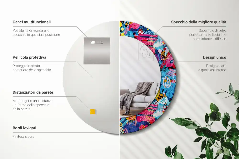 Specchio circolare decoro scarabocchi colorati