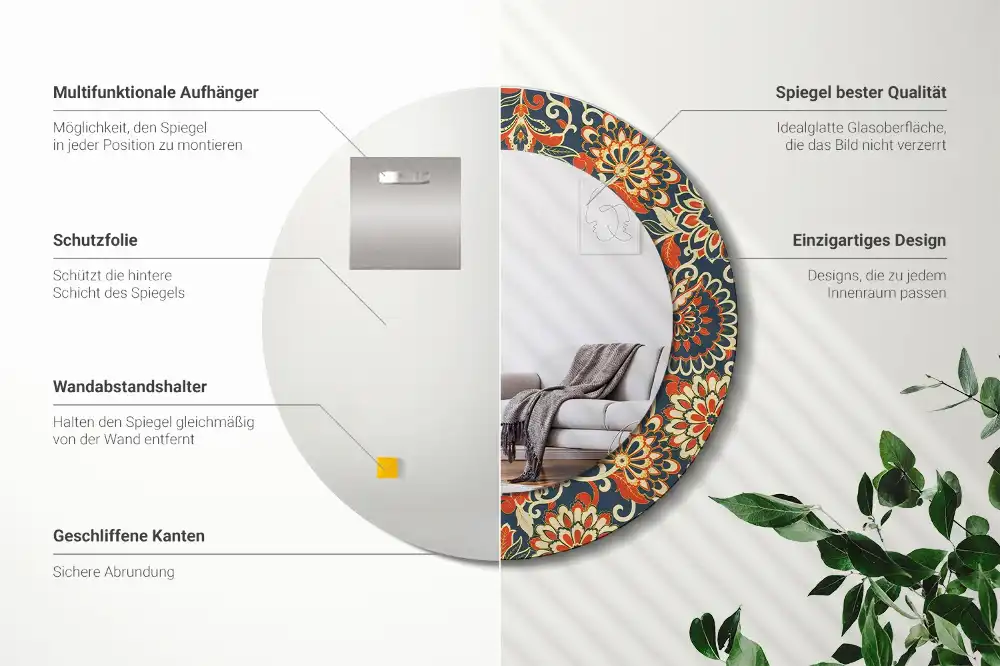 Specchio rotondo con cornice stampata Fiori retrò