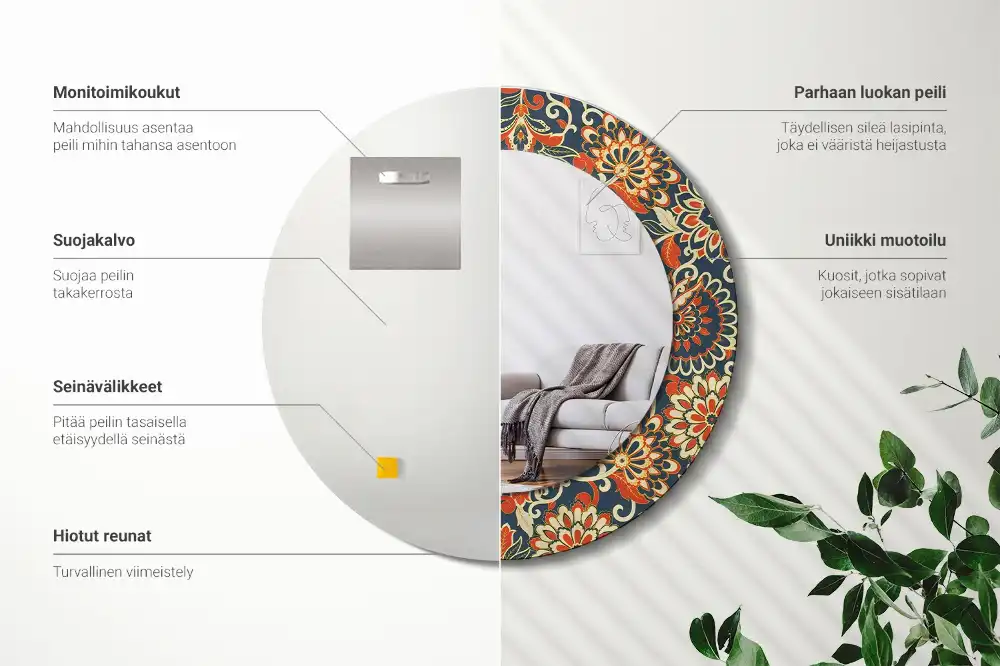 Specchio rotondo con cornice stampata Fiori retrò