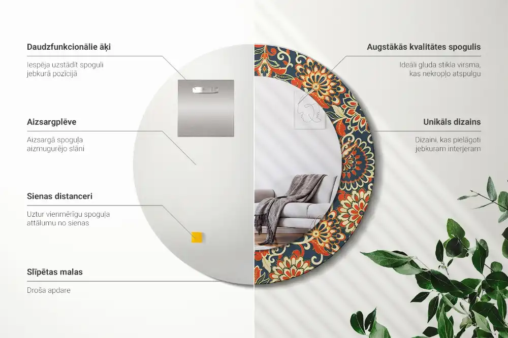 Specchio rotondo con cornice stampata Fiori retrò