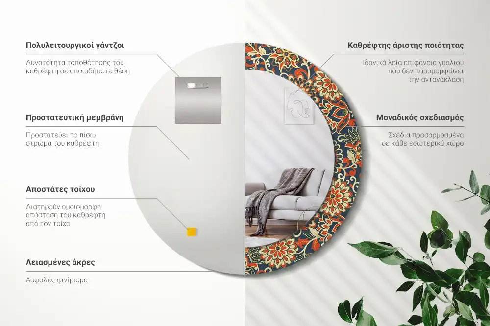 Specchio rotondo con cornice stampata Fiori retrò