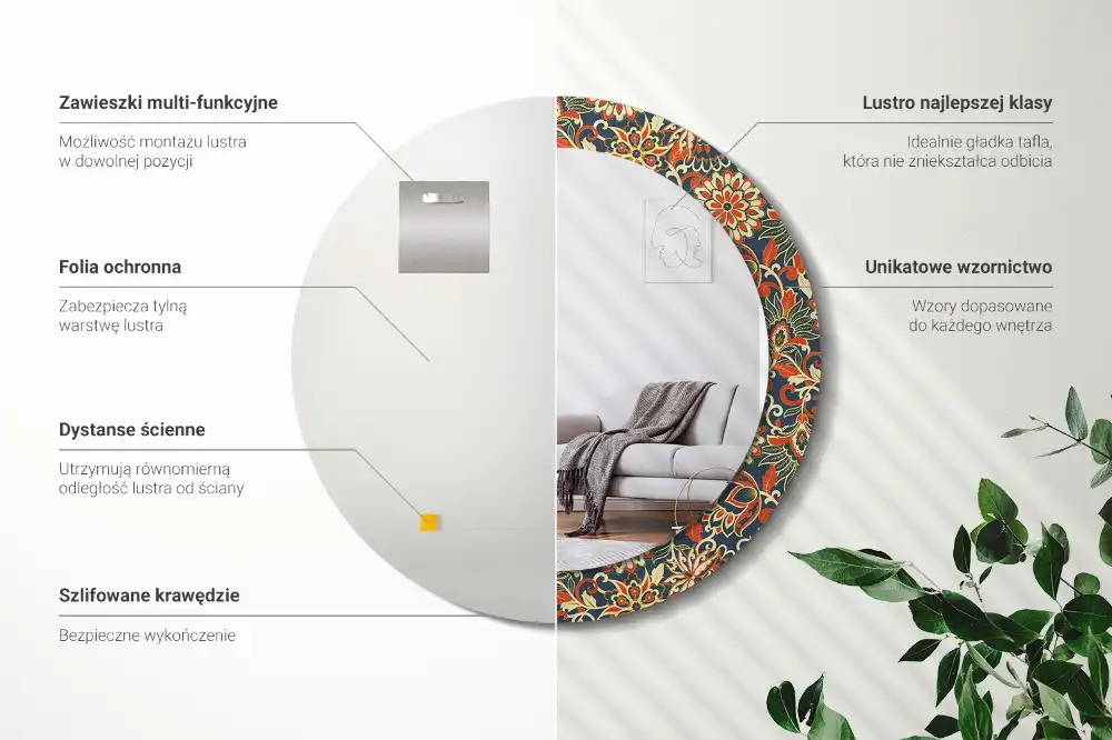 Specchio rotondo con cornice stampata Fiori retrò