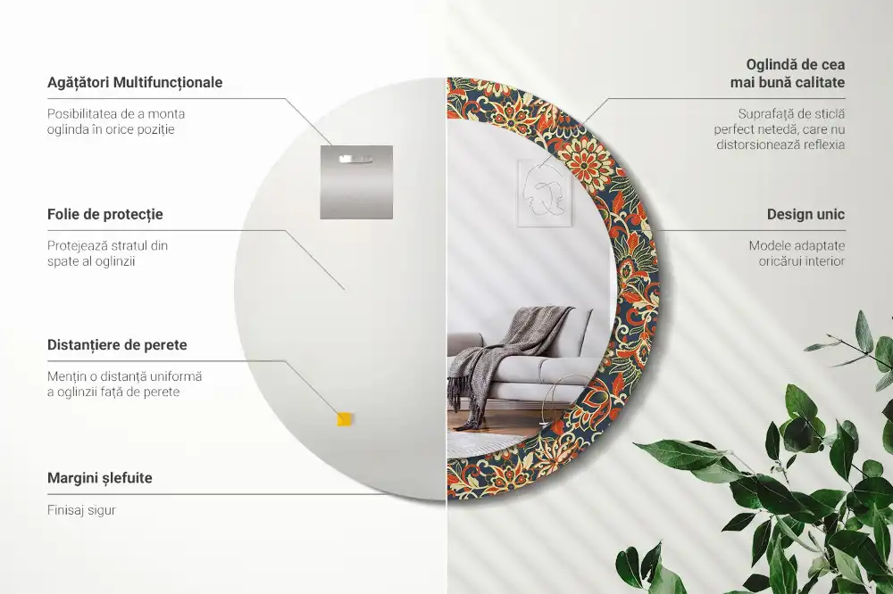 Specchio rotondo con cornice stampata Fiori retrò