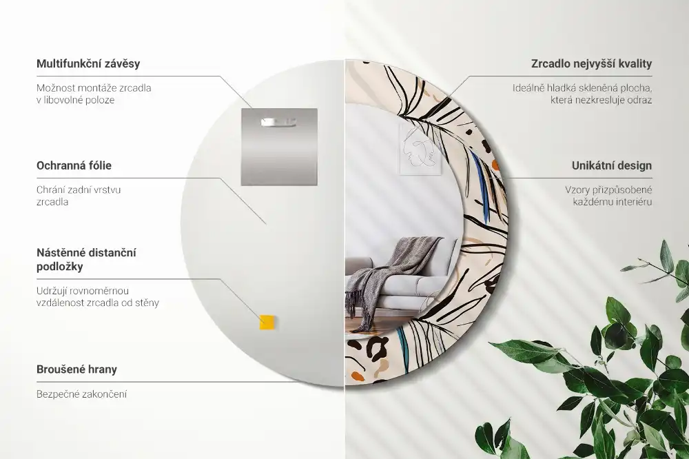 Specchio circolare stampato Fiori con motivo giungla