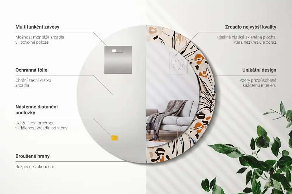 Specchio circolare stampato Fiori con motivo giungla