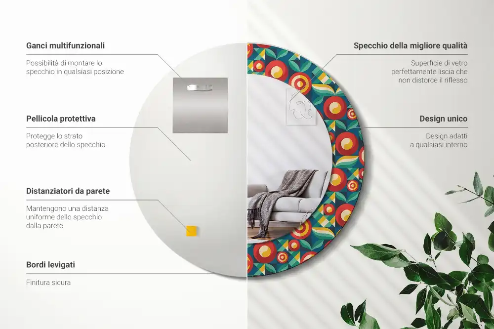 Specchio rotondo con cornice stampata Frutti e foglie geometrici