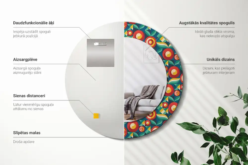 Specchio rotondo con cornice stampata Frutti e foglie geometrici