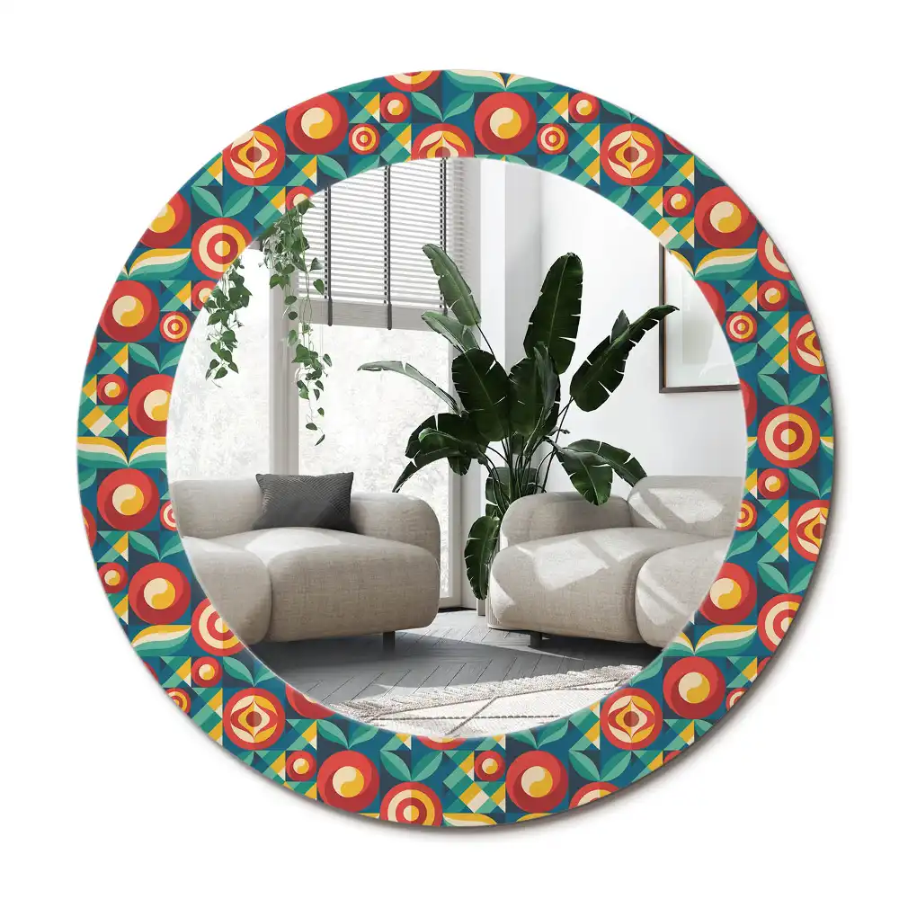 Specchio rotondo con cornice stampata Frutti e foglie geometrici