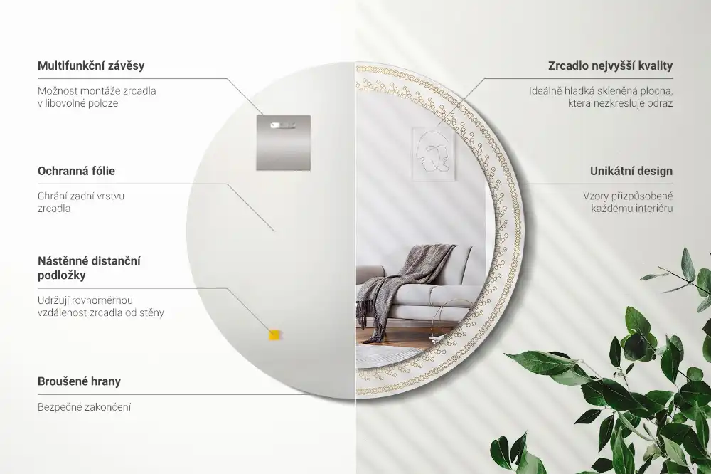 Specchio rotondo con cornice stampata mandala indiano