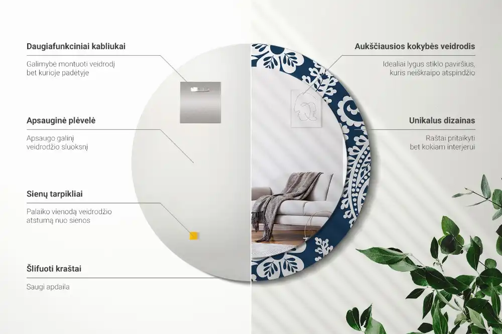 Specchio rotondo con cornice stampata Composizione Paisley