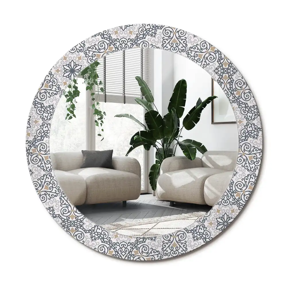 Specchio rotondo con cornice stampata Ornamenti geometrici