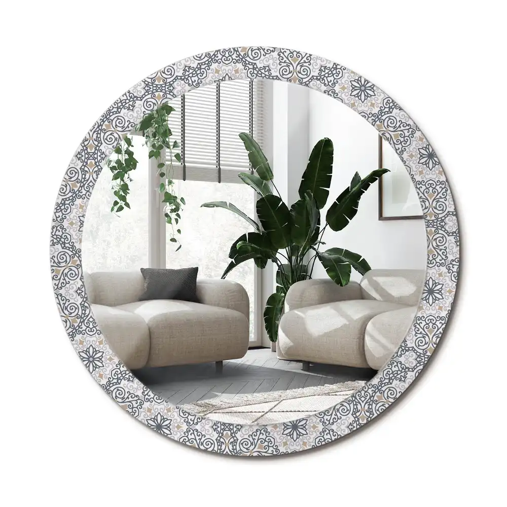 Specchio rotondo con cornice stampata Ornamenti geometrici