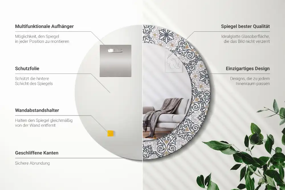 Specchio rotondo con cornice stampata Ornamenti geometrici