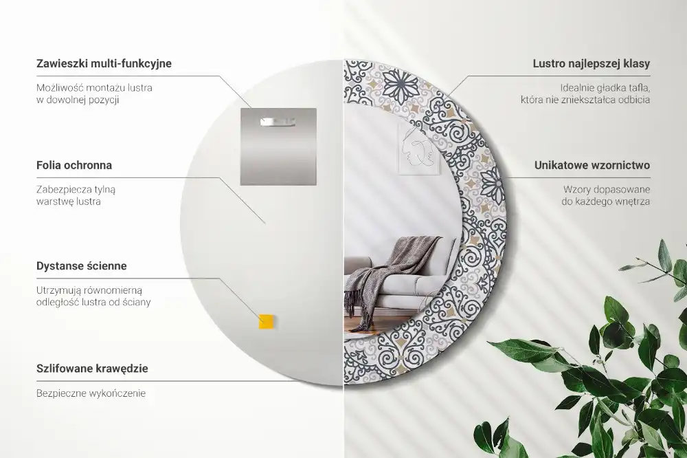 Specchio rotondo con cornice stampata Ornamenti geometrici