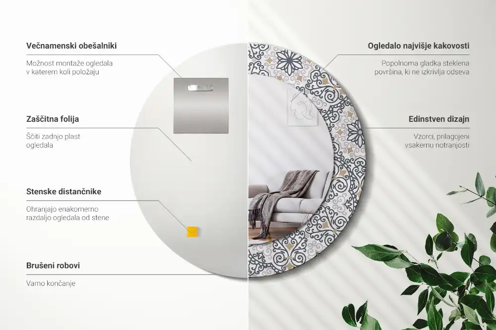Specchio rotondo con cornice stampata Ornamenti geometrici