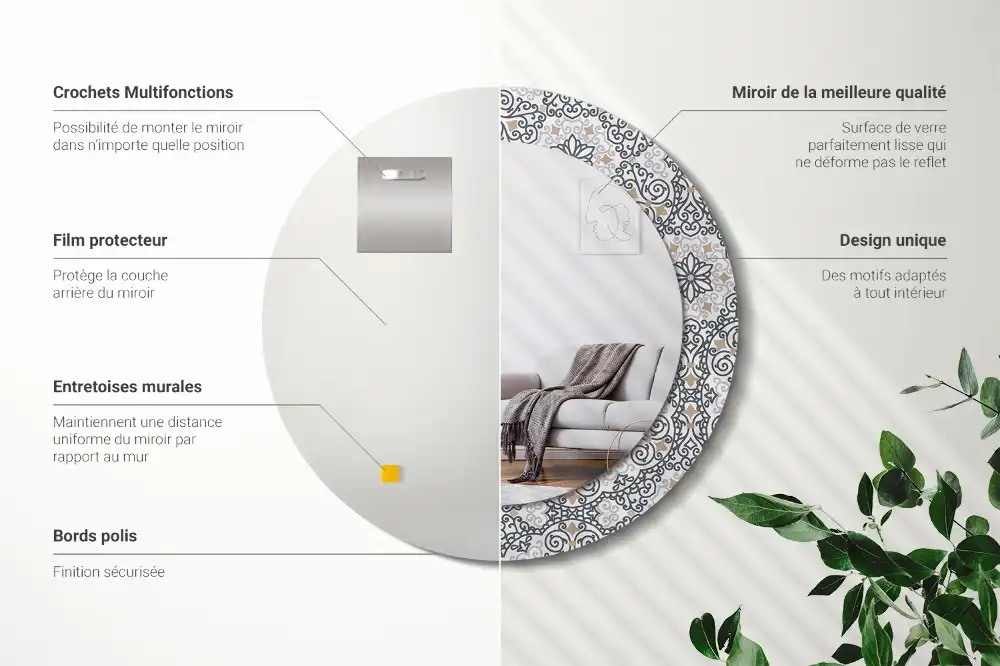 Specchio rotondo con cornice stampata Ornamenti geometrici