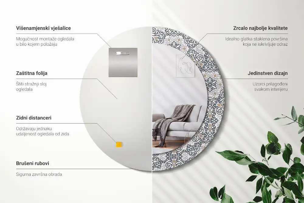 Specchio rotondo con cornice stampata Ornamenti geometrici