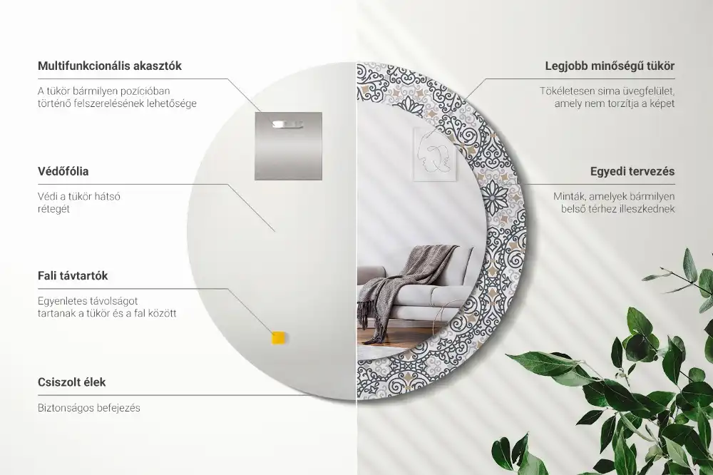 Specchio rotondo con cornice stampata Ornamenti geometrici