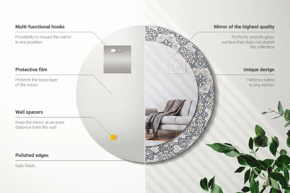 Specchio rotondo con cornice stampata Ornamenti geometrici