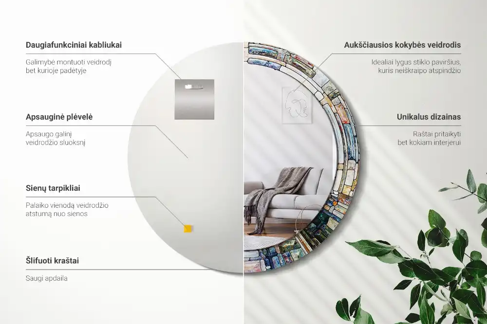 Specchio rotondo con cornice stampata Vetrate colorate