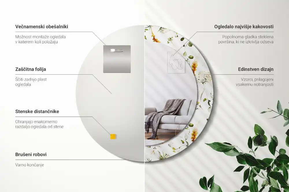 Specchio rotondo con cornice stampata Fiori selvatici