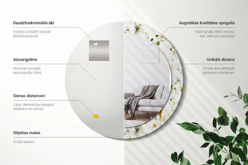 Specchio rotondo con cornice stampata Fiori selvatici