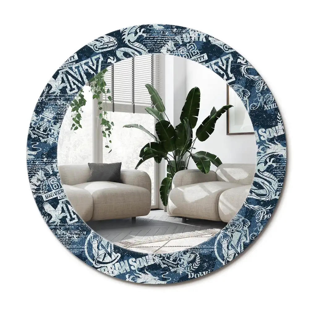 Specchio rotondo con cornice stampata Collage di New York